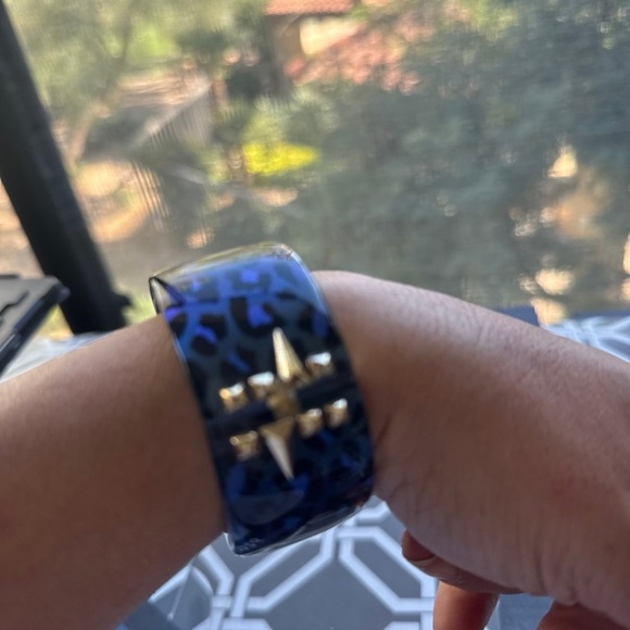 Alexis Bittar Navy Blue/Black Animal Print Hinged Bangle w/Gold Accents